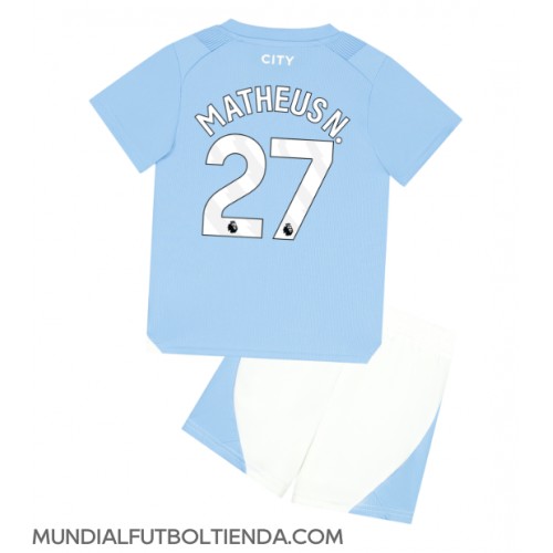 Camiseta Manchester City Matheus Nunes #27 Primera Equipación Replica 2023-24 para niños mangas cortas (+ Pantalones cortos)
